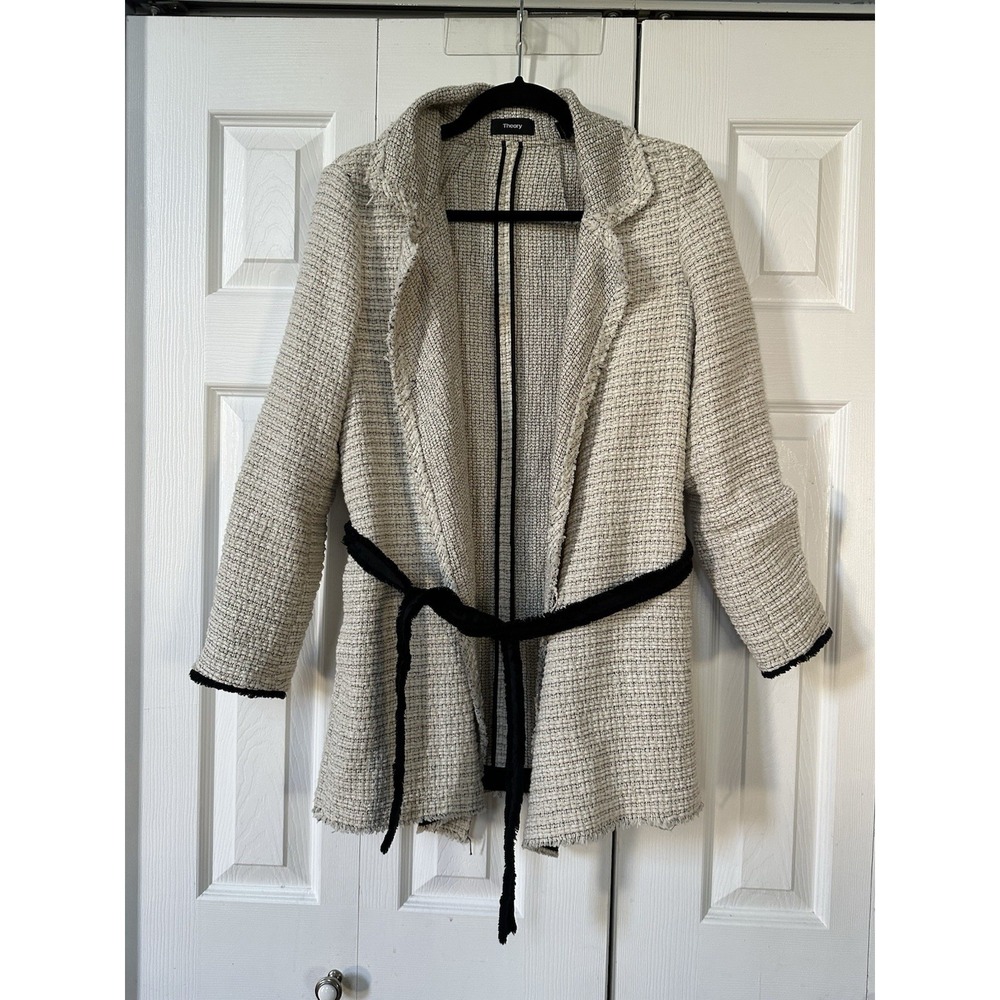 Theory Clairene Carson Black Belted Tweed Jacket Blazer Sz S Cream/black